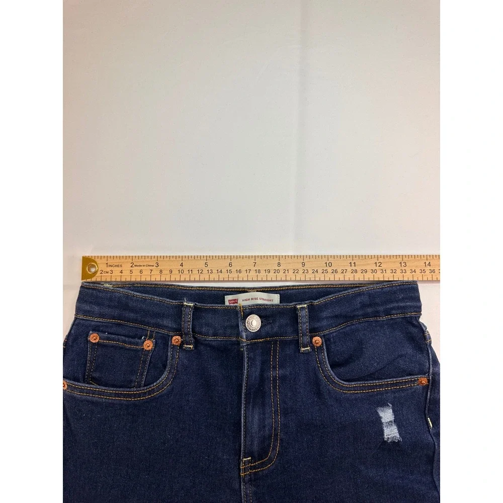Levis Kids Girls High Rise Straight Dark Wash Distressed Denim Shorts Size 14